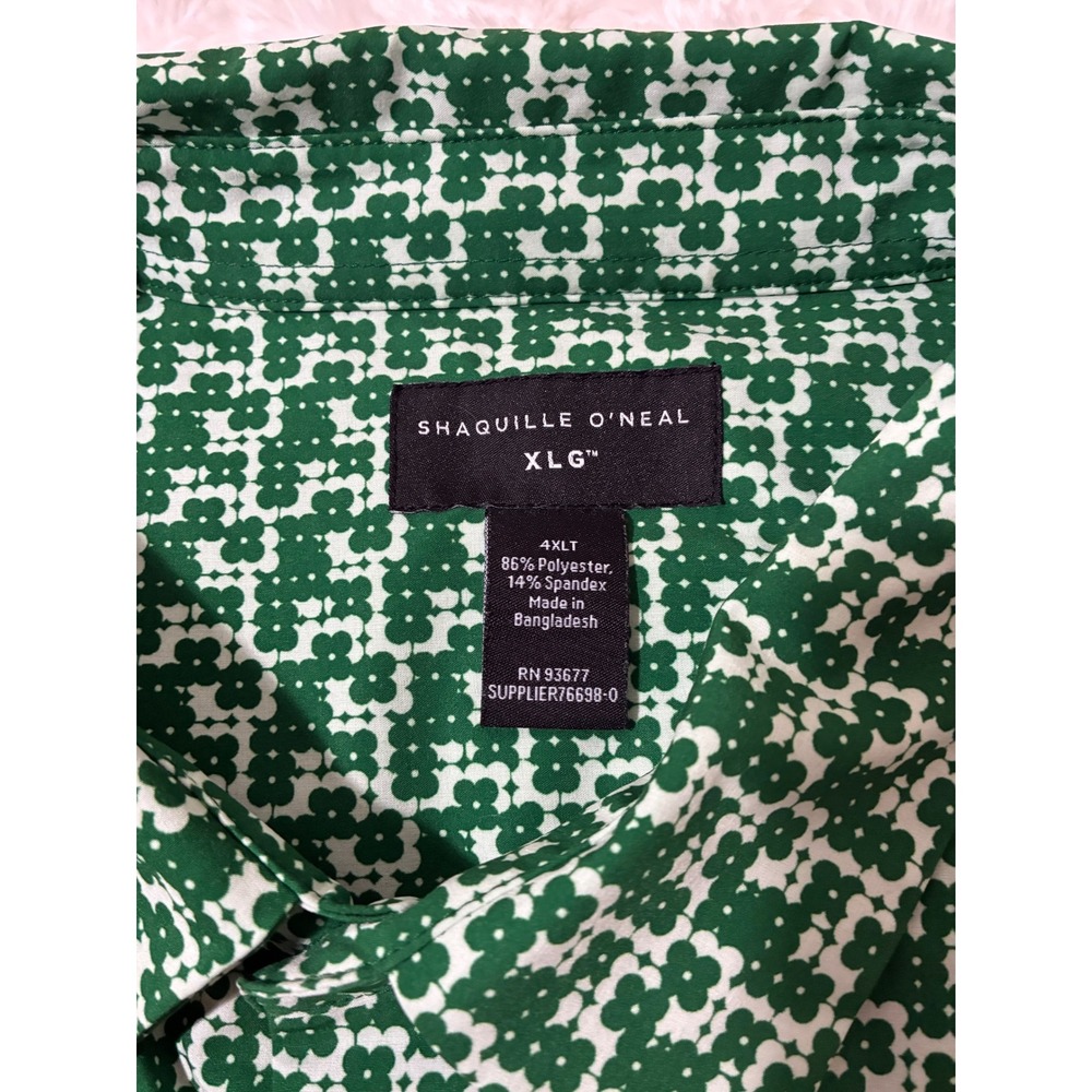 Shaquille O'Neal XLG Mens 4XLT Green Cream Geometric Floral Short Sleeve Shirt - Picture 3 of 7